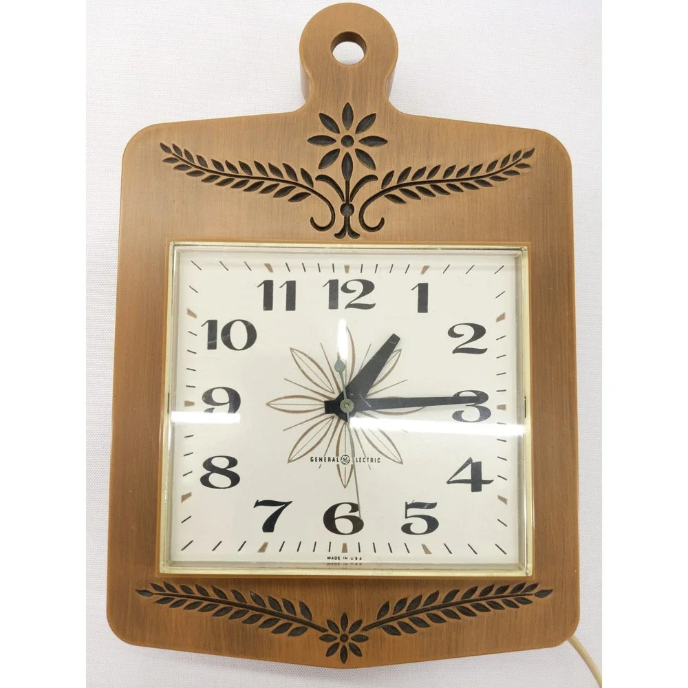 General Electric Wall Clock Brown Vintage 2146 Cutting Board Kitchen MCM USA